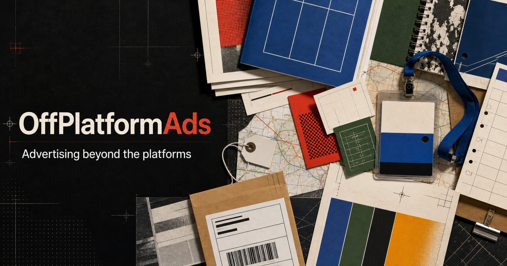 A fragmented OffPlatformAds media map made from print pieces, media cards, route markings, and campaign materials
