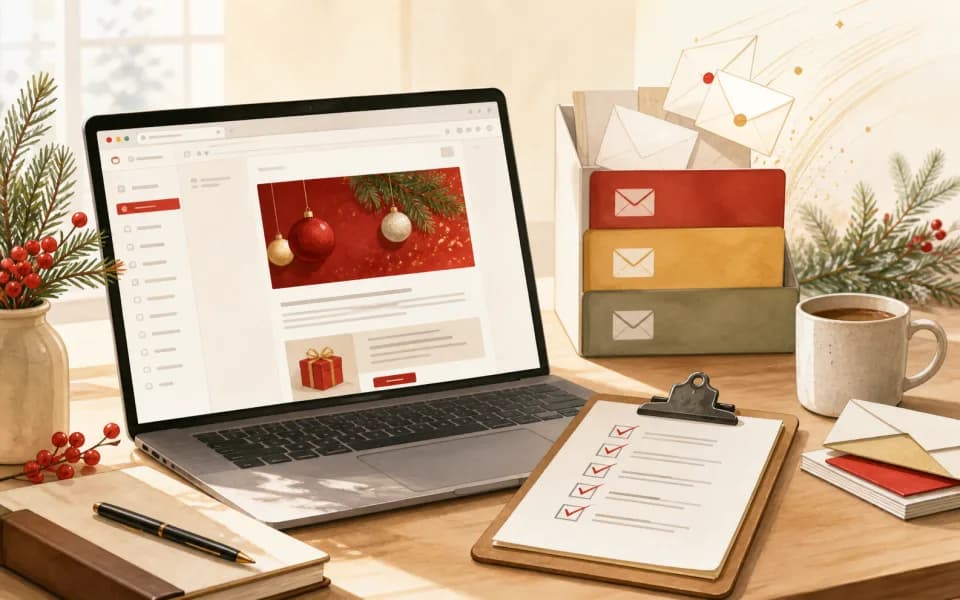 Illustrated email deliverability checklist and newsletter workspace