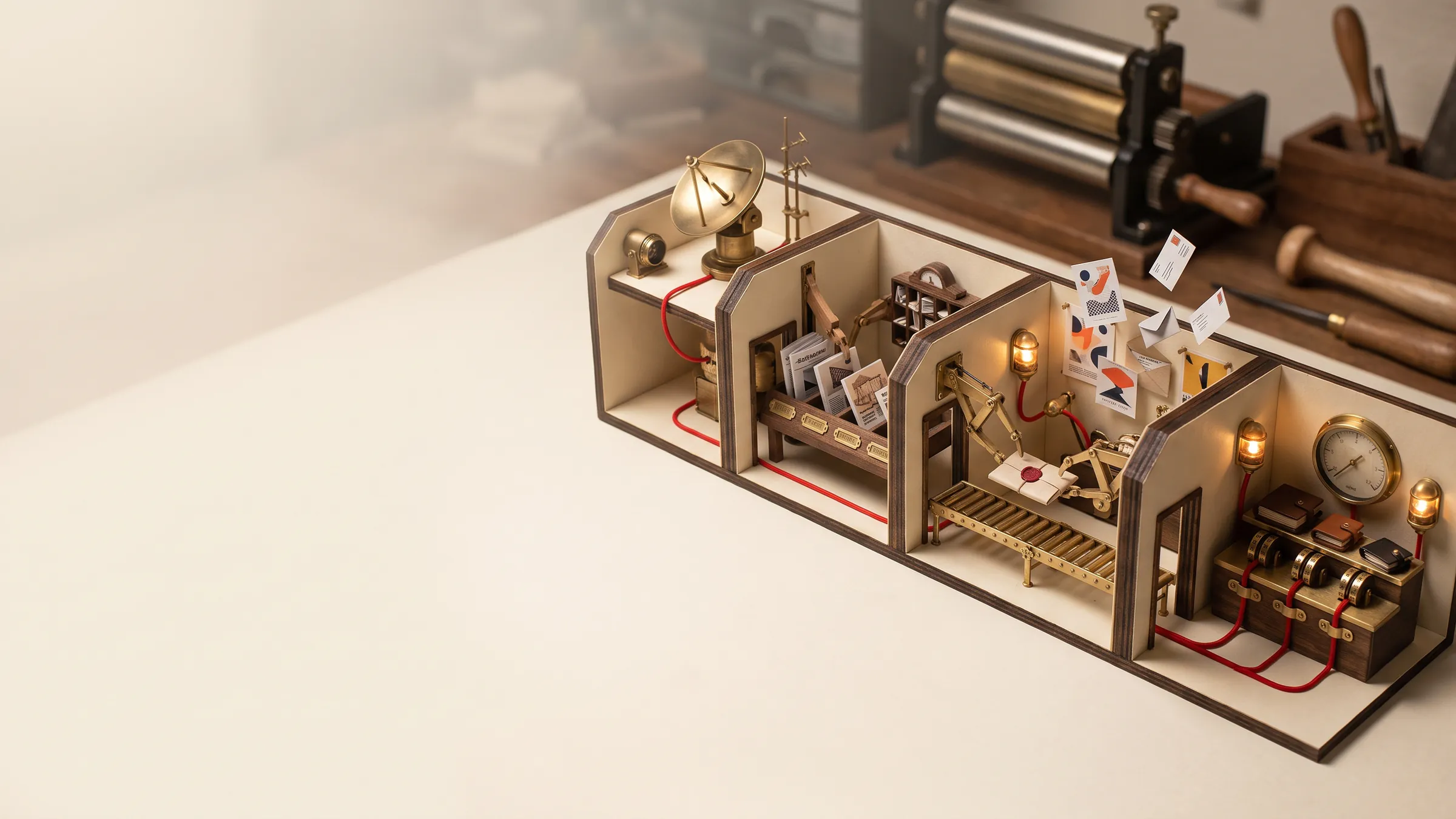 Handmade miniature cutaway of a campaign works: a brass listening dish, a sorting table of publications, two mechanical arms trading a sealed packet, a dispatch bay of flying mail pieces and a bank of counters and a gauge, all threaded by one unbroken red cord.