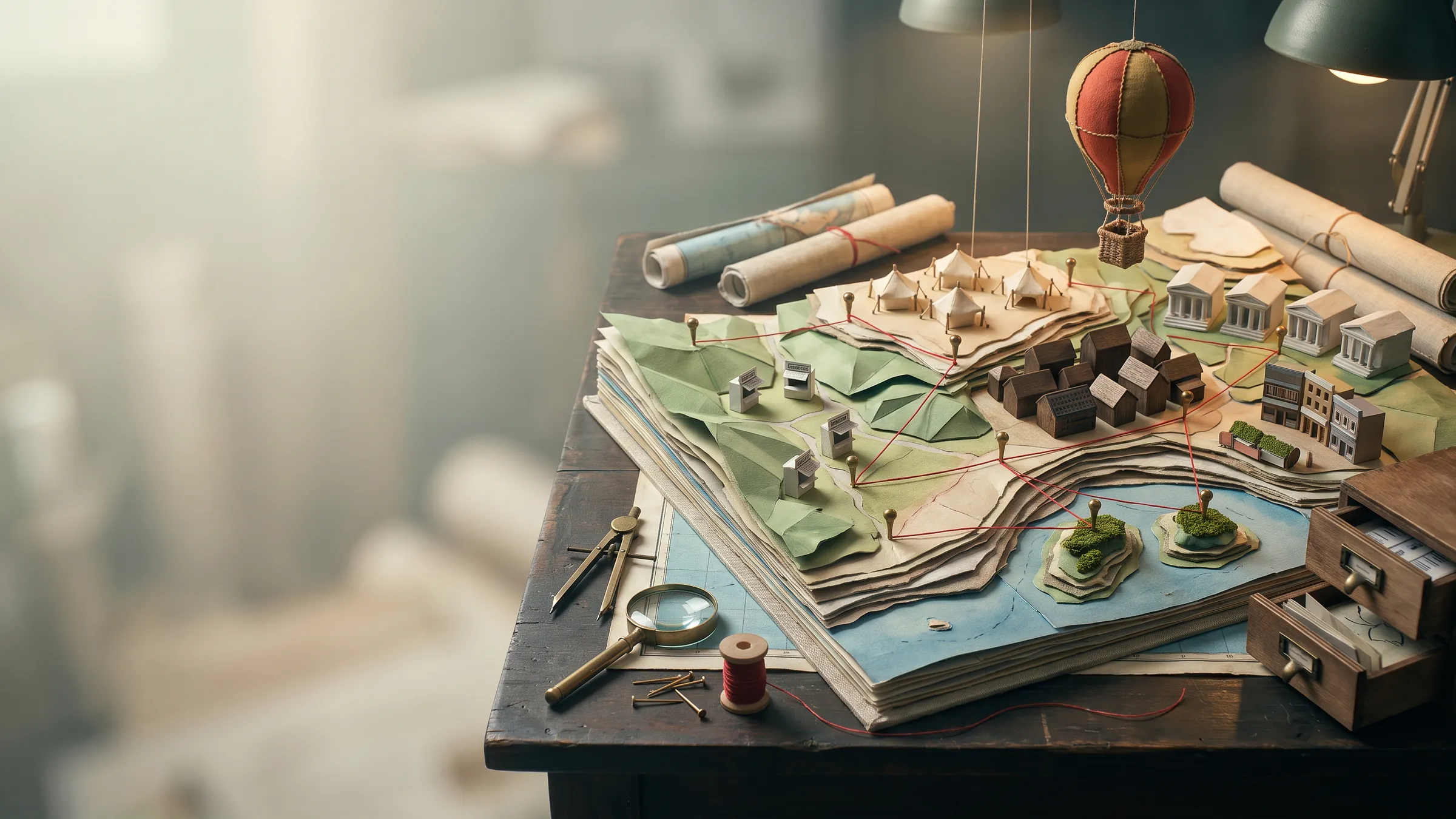 Handmade miniature map room: a dimensional relief map of media territories built from stacked paper contours on a dark plotting table, red survey thread pinned between brass markers, a magnifier and dividers alongside, and a small hot-air balloon surveying from above.