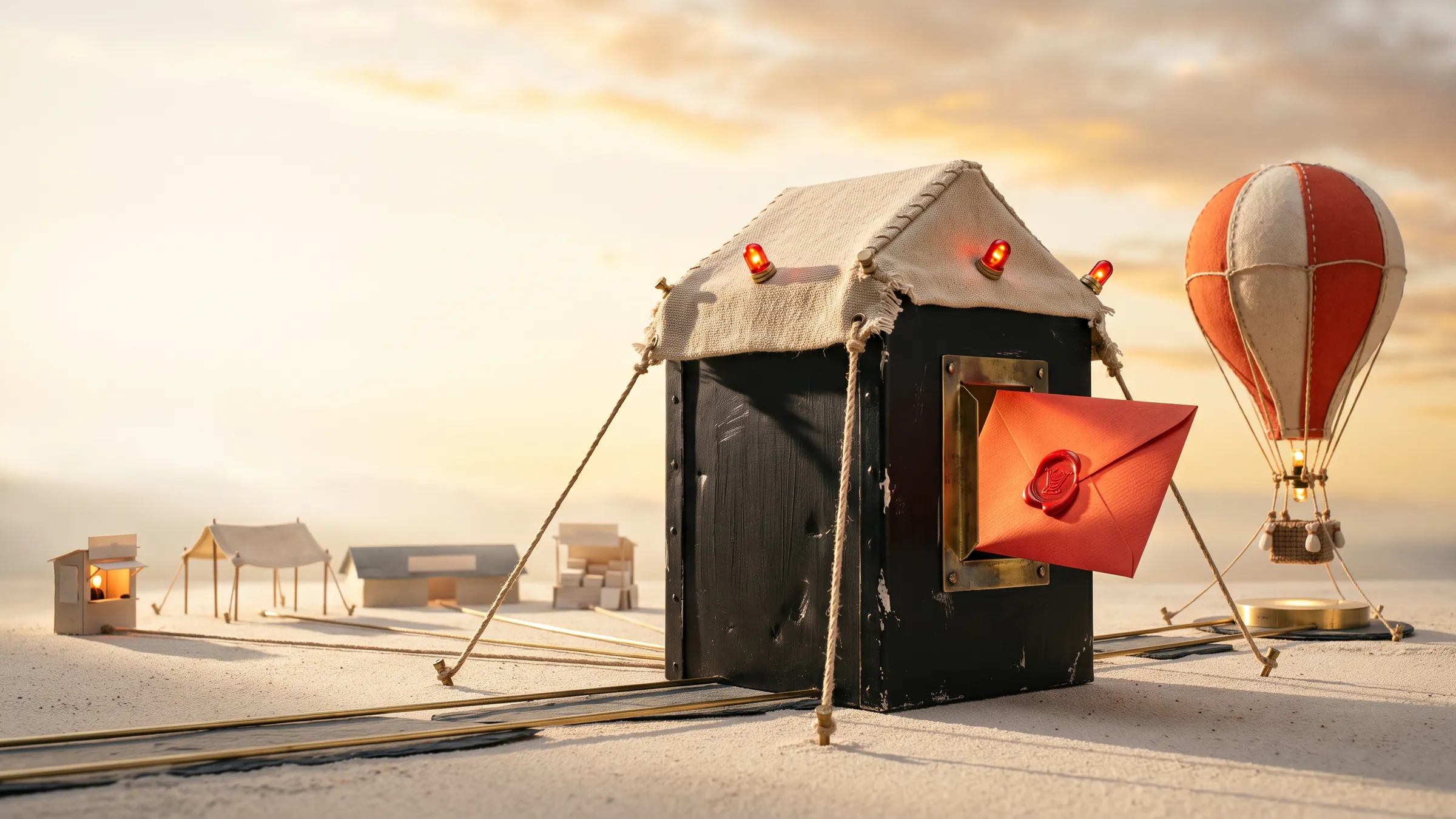 Handmade miniature dispatch station at dusk: a red wax-sealed campaign brief entering the brass intake slot of a black canvas-roofed field hut, routes running out to distant media destinations, and a lit hot-air balloon waiting on its launch platform.