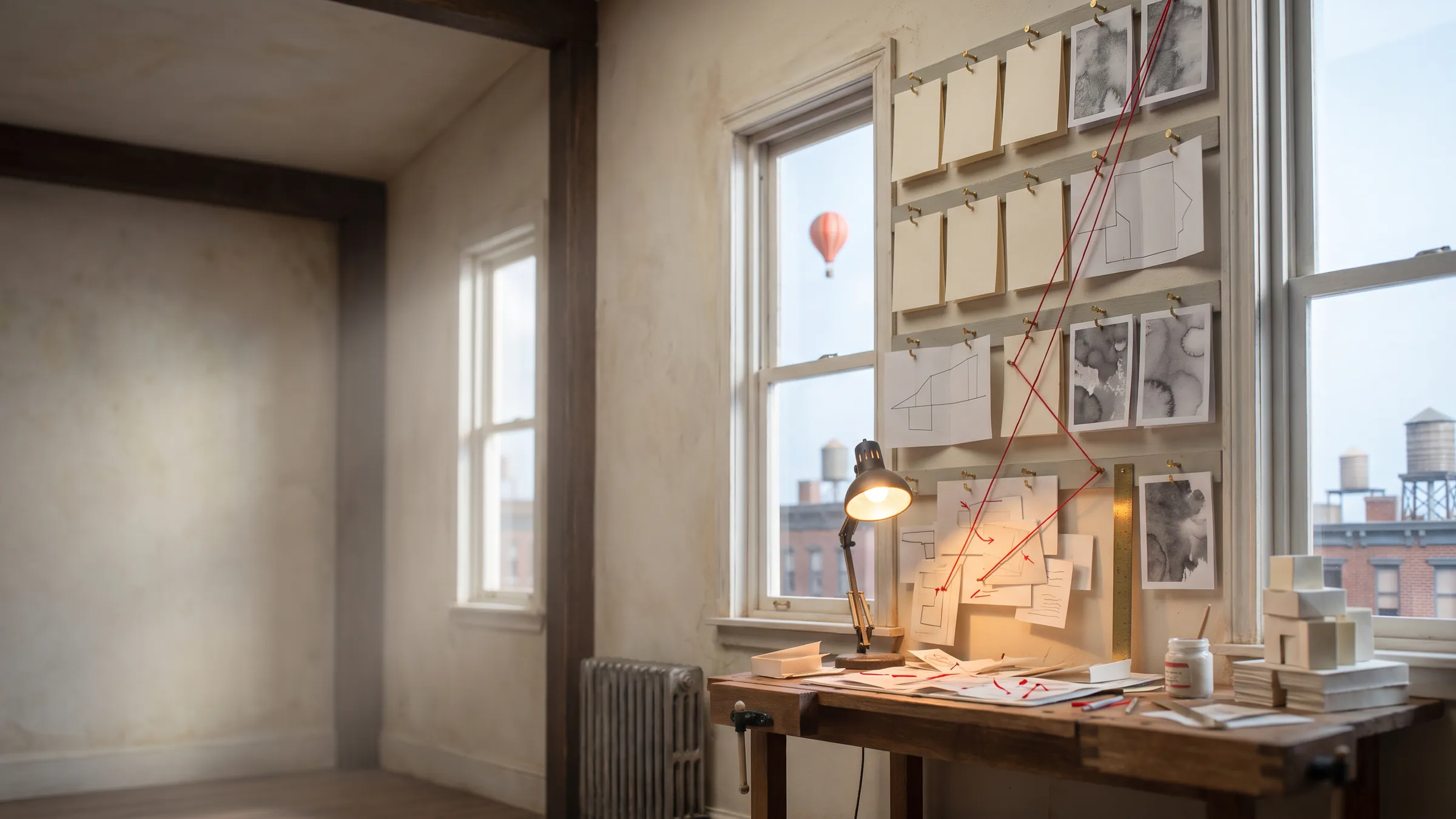 Handmade miniature of an independent media buyer's loft workshop: a wall of pinned publication specimens linked by red thread above a lamp-lit workbench of hand-assembled plans, with a hot-air balloon passing the window beyond the brick rooftops.