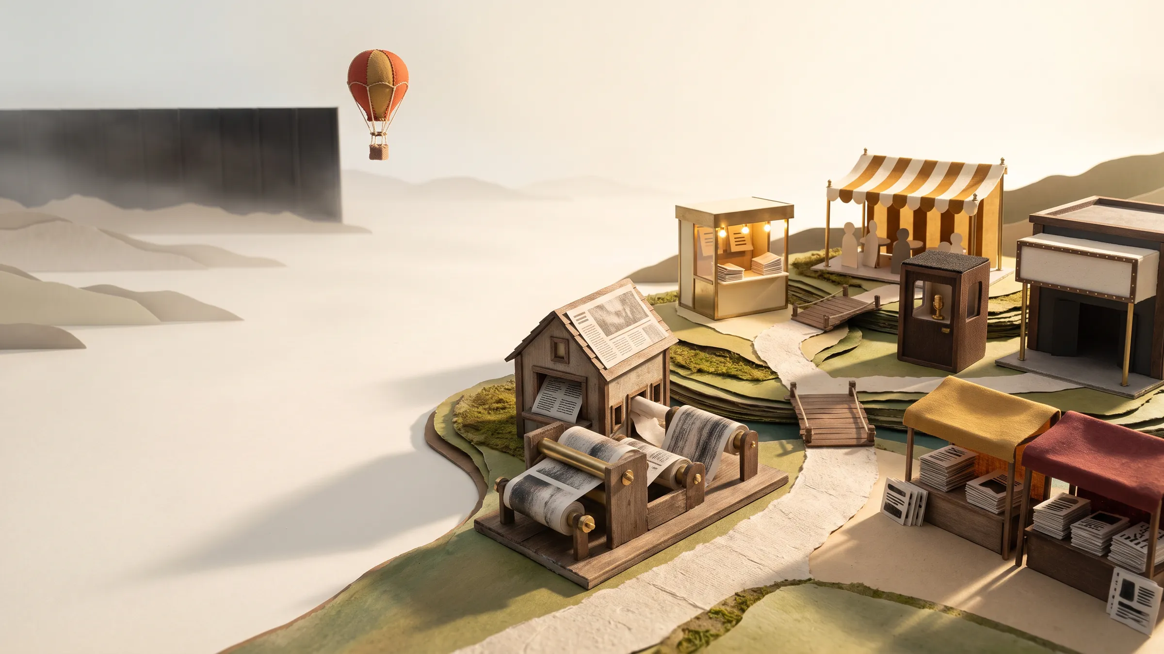 Handmade miniature diorama of an off-platform media district: a small red and ochre hot-air balloon has cleared a blank dark wall and drifts over a printing press, a lit newsletter kiosk, a canvas conference pavilion and rows of specialist publication stalls.
